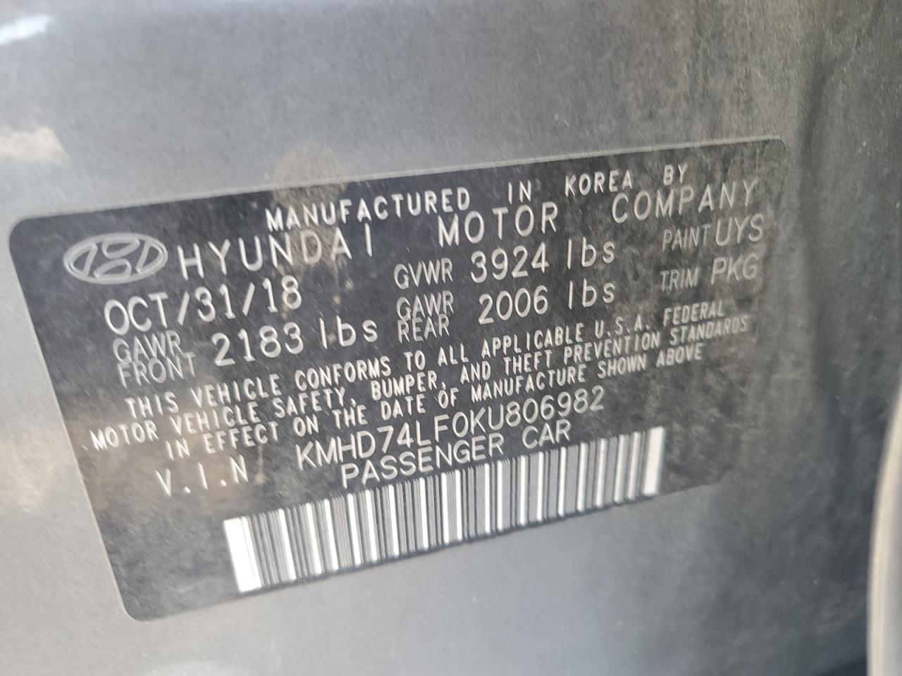 2019 Hyundai Elantra Se VIN: KMHD74LF0KU806982 Lot: 62340625