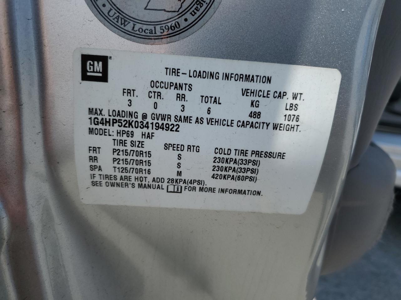 2003 Buick Lesabre Custom VIN: 1G4HP52K034194922 Lot: 61087725