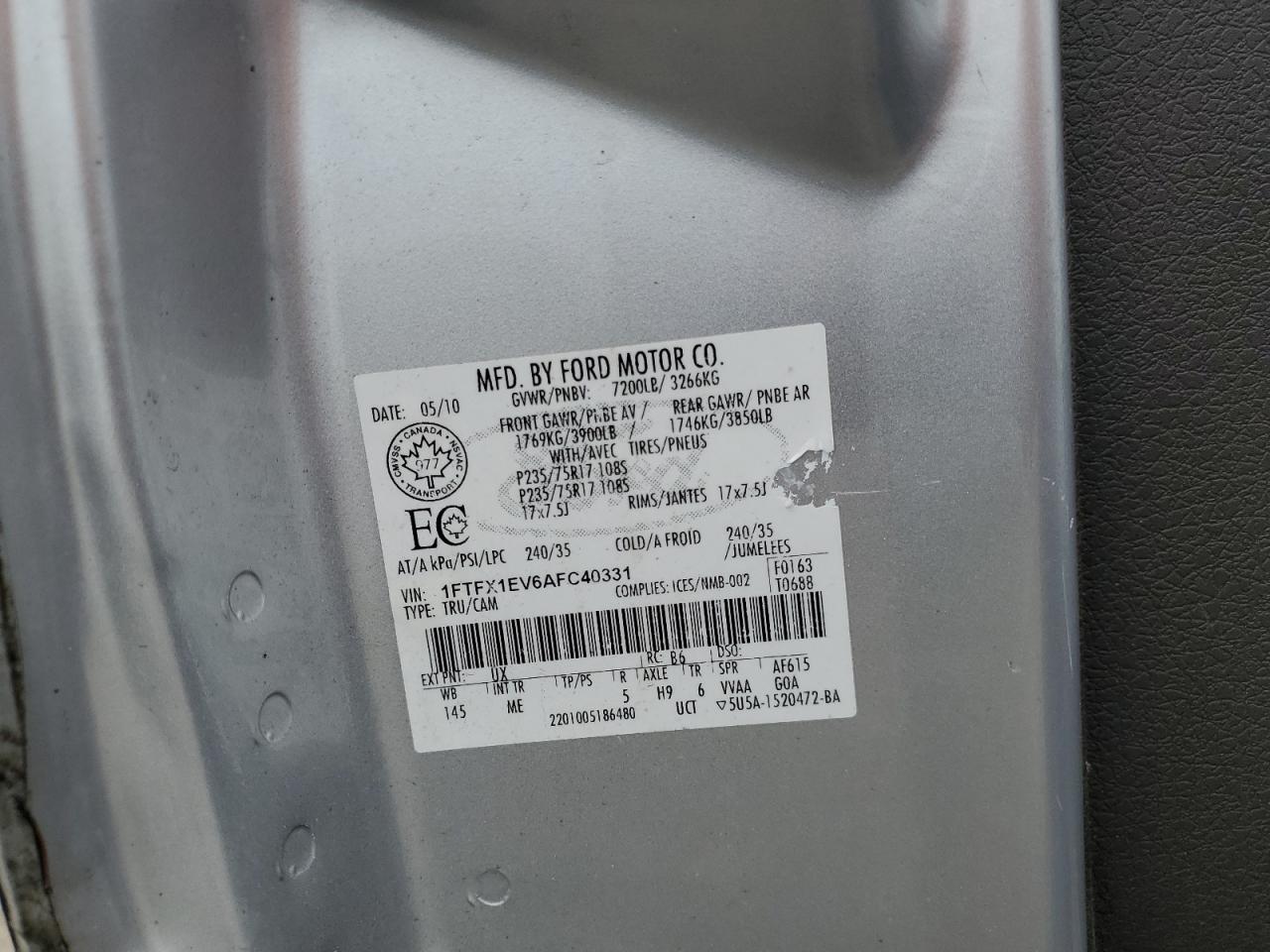 FORD F-150 2010 VIN 1FTFX1EV6AFC40331 zdjęcie 12