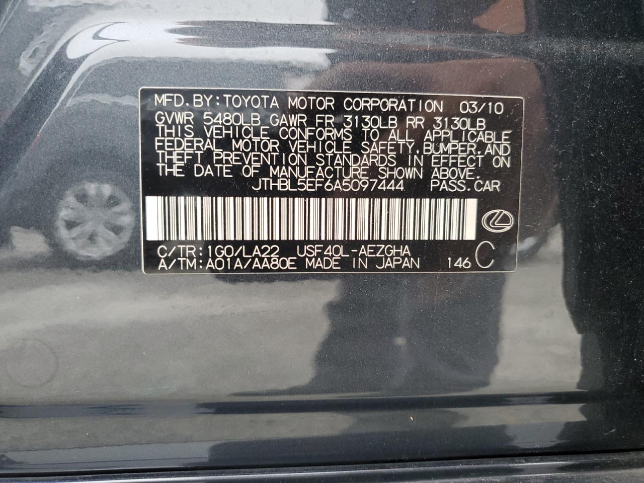 2010 Lexus Ls 460 VIN: JTHBL5EF6A5097444 Lot: 60158115