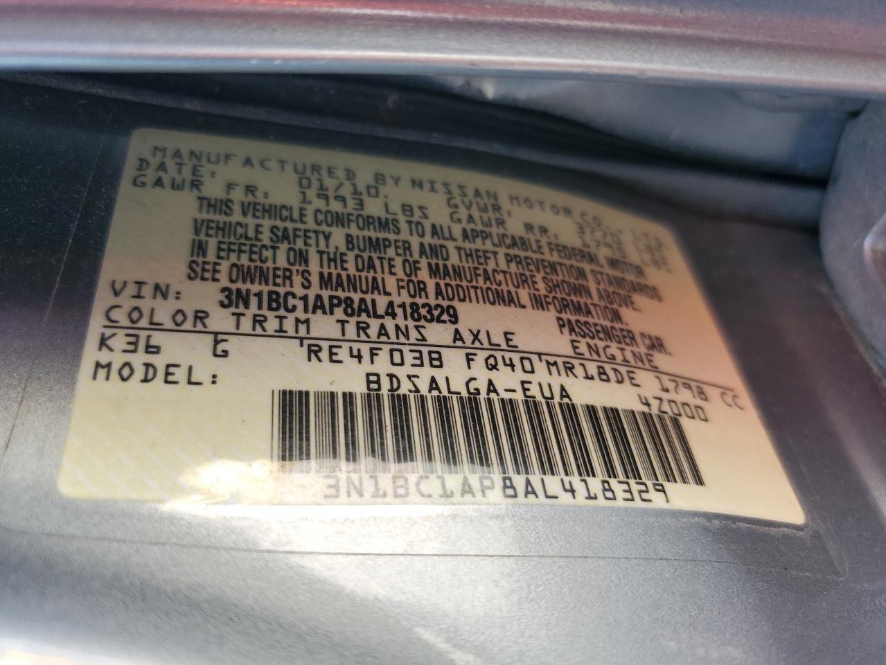 2010 Nissan Versa S VIN: 3N1BC1AP8AL418329 Lot: 61335465