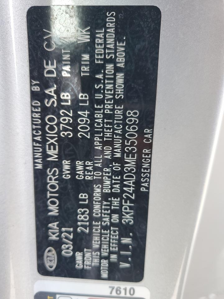2021 Kia Forte Fe VIN: 3KPF24AD3ME350698 Lot: 62124025