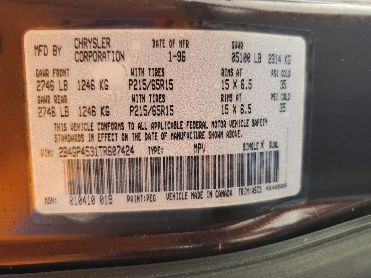 1996 Dodge Caravan Se VIN: 2B4GP4531TR607424 Lot: 61616925
