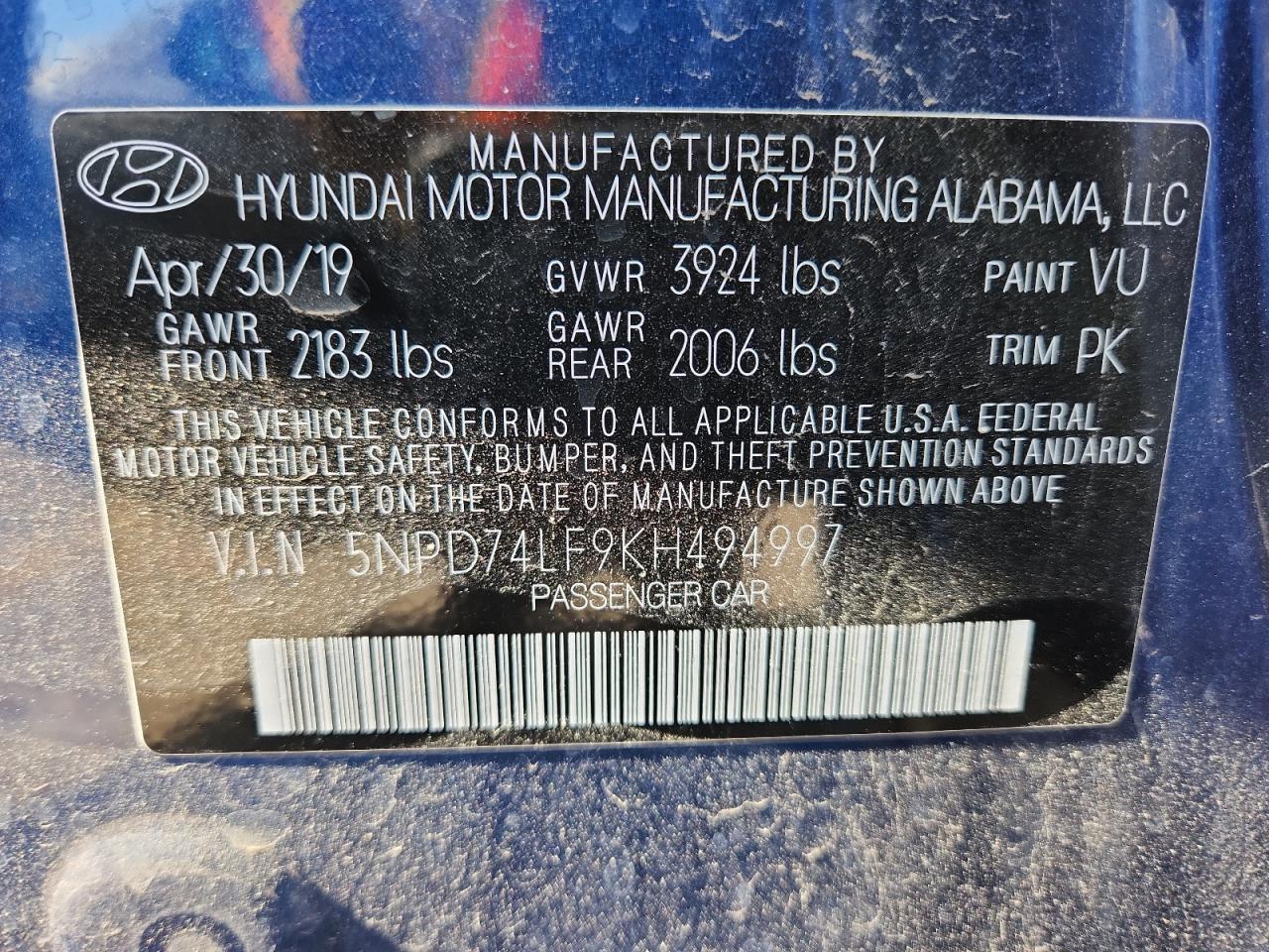 2019 Hyundai Elantra Se VIN: 5NPD74LF9KH494997 Lot: 61267805