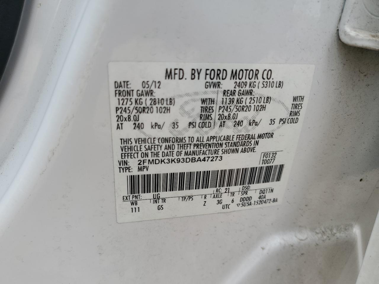 2013 Ford Edge Limited VIN: 2FMDK3K93DBA47273 Lot: 62828845