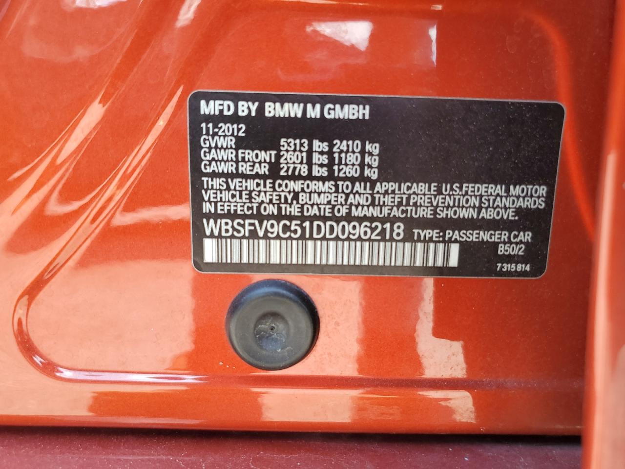 2013 BMW M5 VIN: WBSFV9C51DD096218 Lot: 61766115