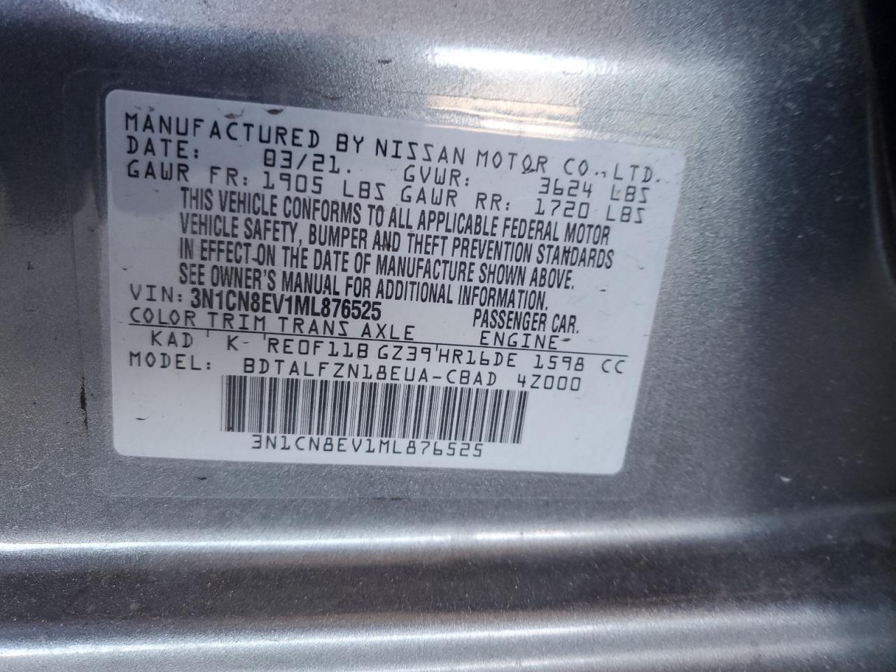 2021 Nissan Versa Sv VIN: 3N1CN8EV1ML876525 Lot: 62912025