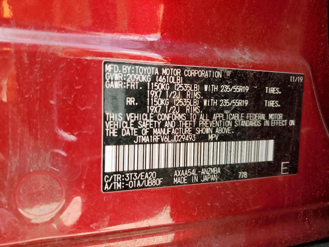 2020 Toyota Rav4 Xle Premium VIN: JTMA1RFV6LJ029493 Lot: 59991795