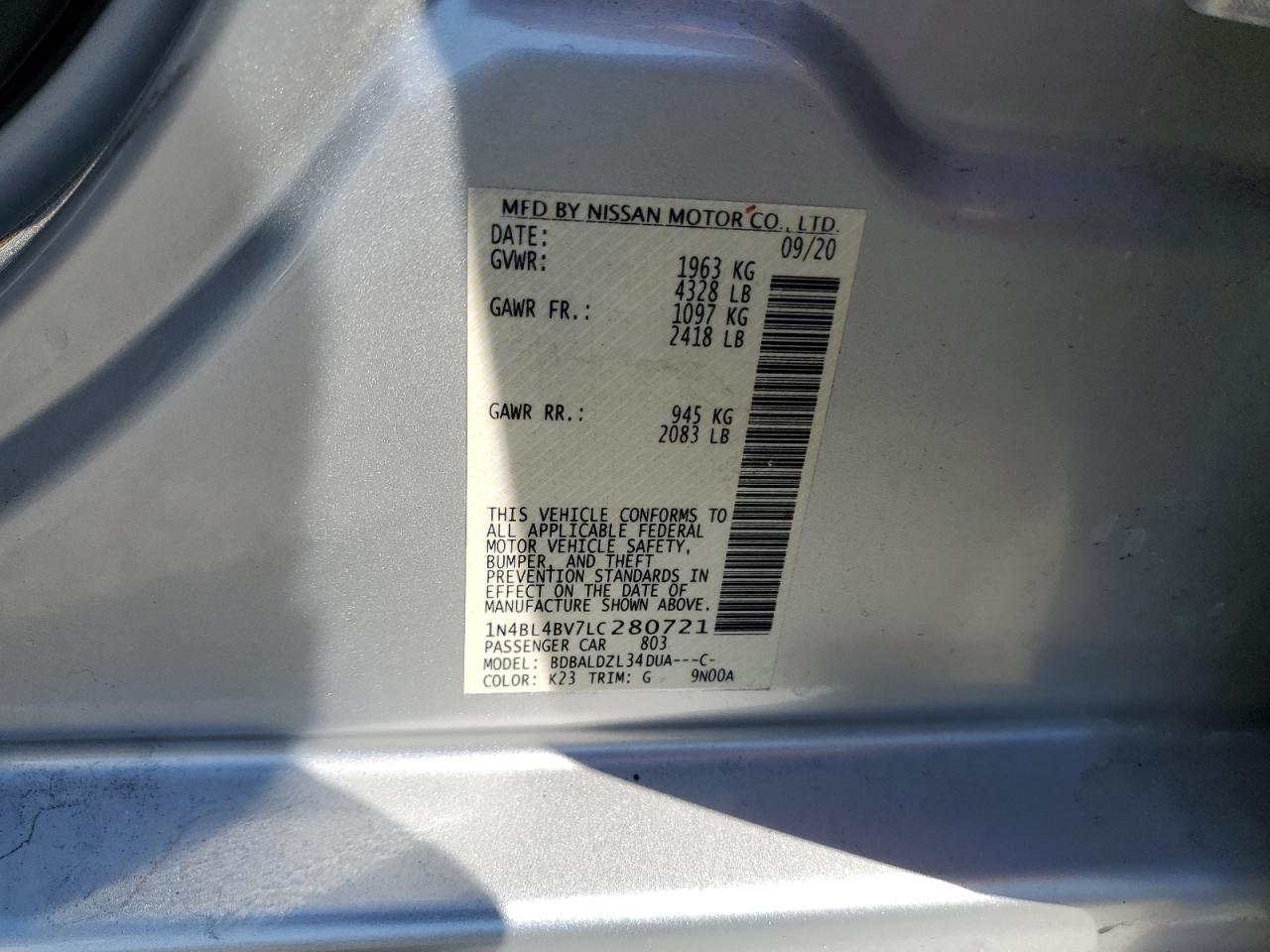 2020 Nissan Altima S VIN: 1N4BL4BV7LC280721 Lot: 63210475