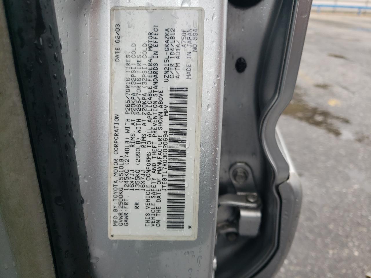 2003 Toyota 4Runner Limited VIN: JTEBT17R030020694 Lot: 62410665