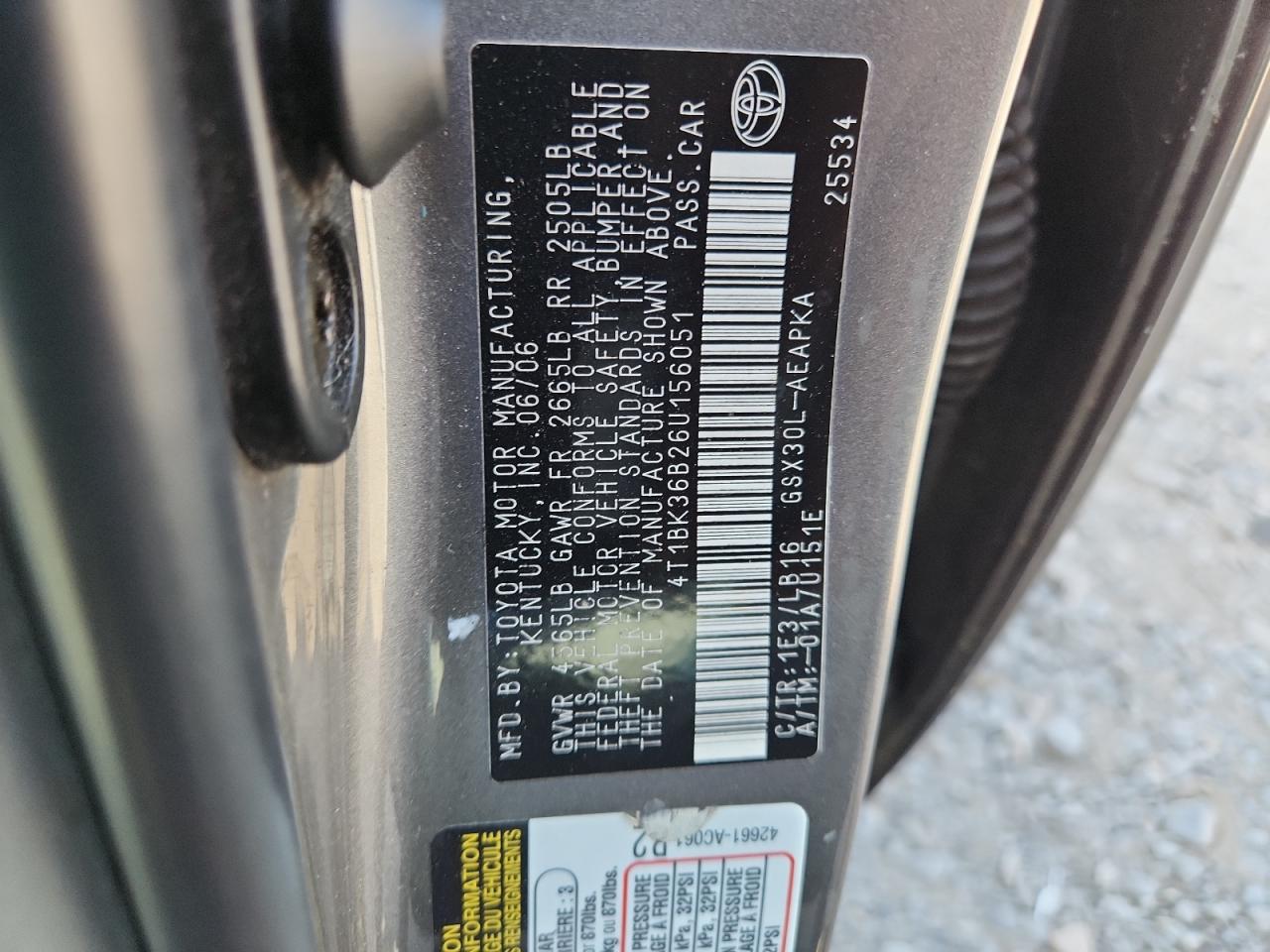 2006 Toyota Avalon Xl VIN: 4T1BK36B26U156051 Lot: 61230965