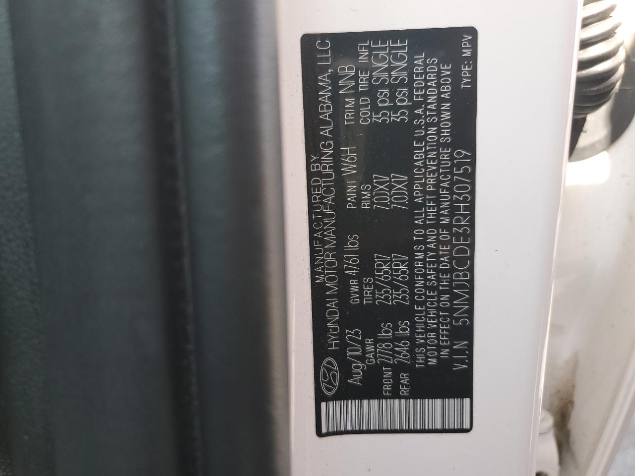 2024 Hyundai Tucson Sel VIN: 5NMJBCDE3RH307519 Lot: 61855435
