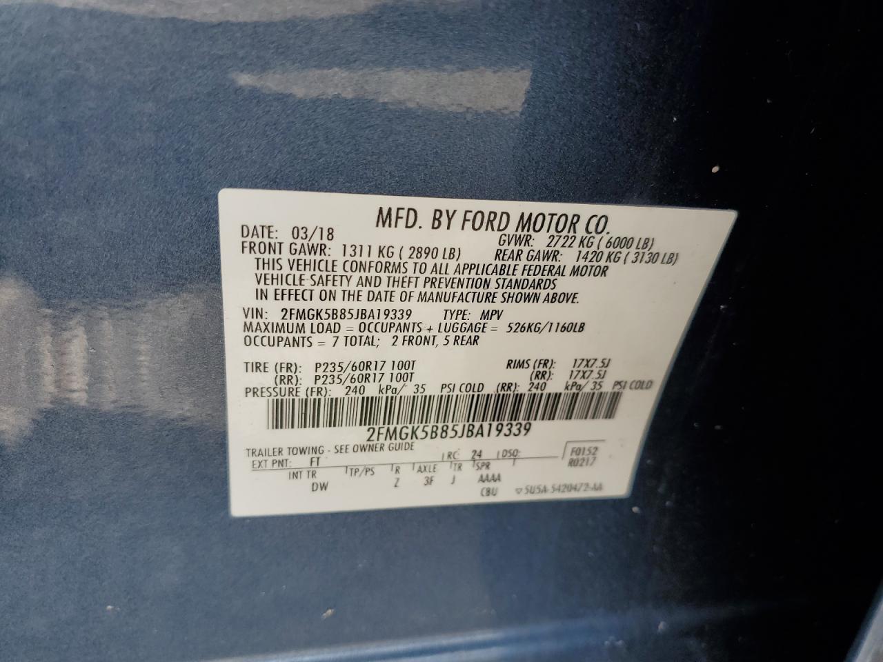 2018 Ford Flex Se VIN: 2FMGK5B85JBA19339 Lot: 62657815