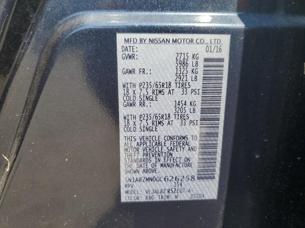 2016 Nissan Pathfinder S VIN: 5N1AR2MN0GC626258 Lot: 61778825