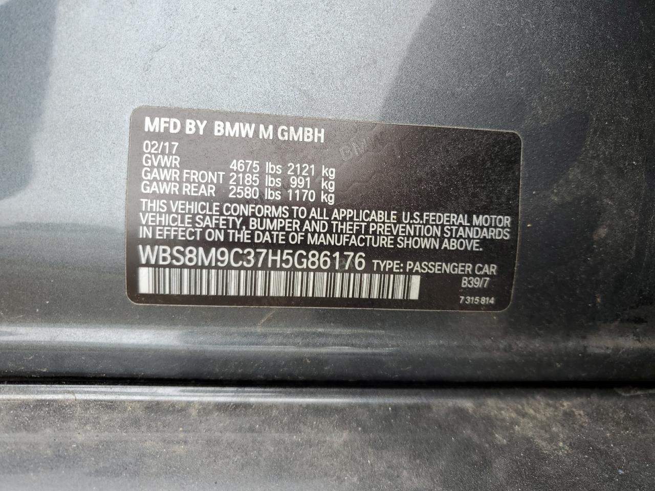 2017 BMW M3 VIN: WBS8M9C37H5G86176 Lot: 61449215