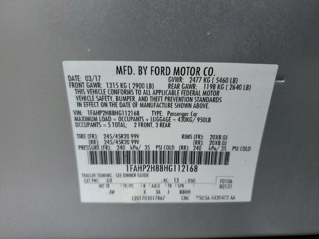 2017 Ford Taurus Sel VIN: 1FAHP2H88HG112168 Lot: 62673735