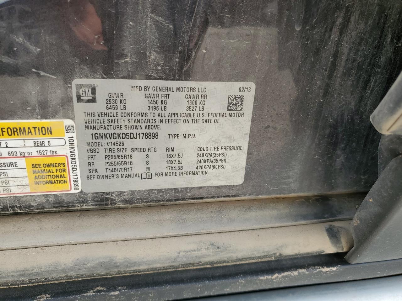 2013 Chevrolet Traverse Lt VIN: 1GNKVGKD5DJ178898 Lot: 62194925