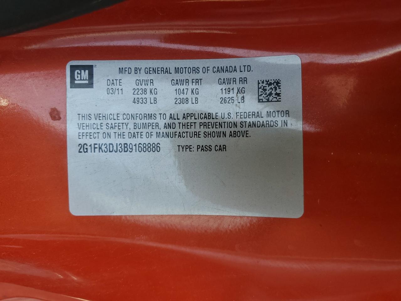 2011 Chevrolet Camaro 2Ss VIN: 2G1FK3DJ3B9168886 Lot: 62086755