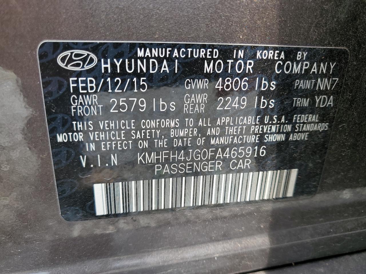 2015 Hyundai Azera Limited VIN: KMHFH4JG0FA465916 Lot: 59314195