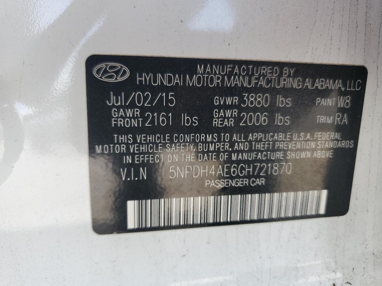 2016 Hyundai Elantra Se VIN: 5NPDH4AE6GH721870 Lot: 62158845