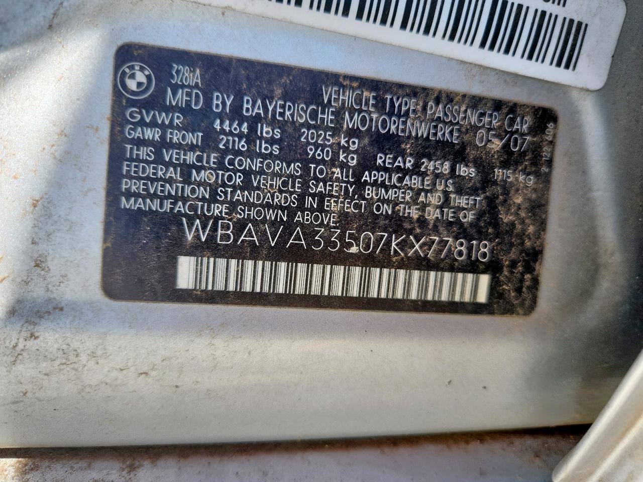 2007 BMW 328 I VIN: WBAVA33507KX77818 Lot: 62124355