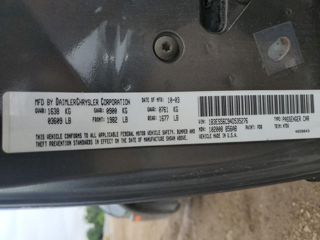 2004 Dodge Neon Sxt VIN: 1B3ES56C94D535276 Lot: 62309795