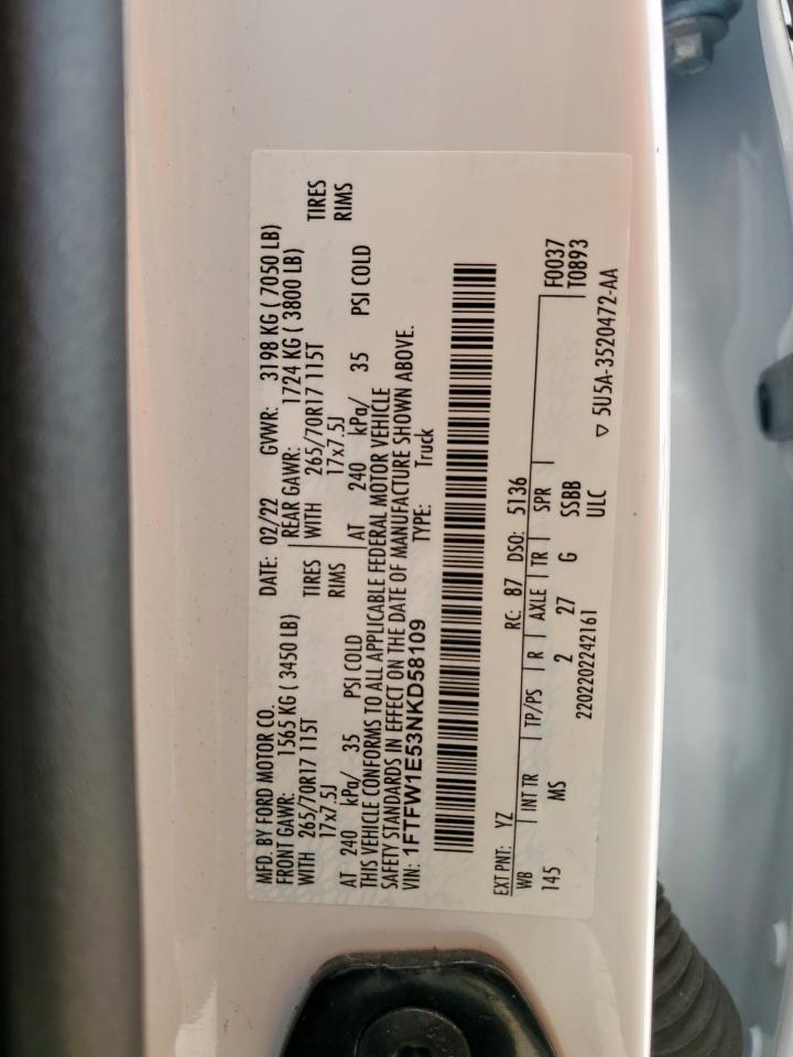 2022 Ford F150 Supercrew VIN: 1FTFW1E53NKD58109 Lot: 62170135