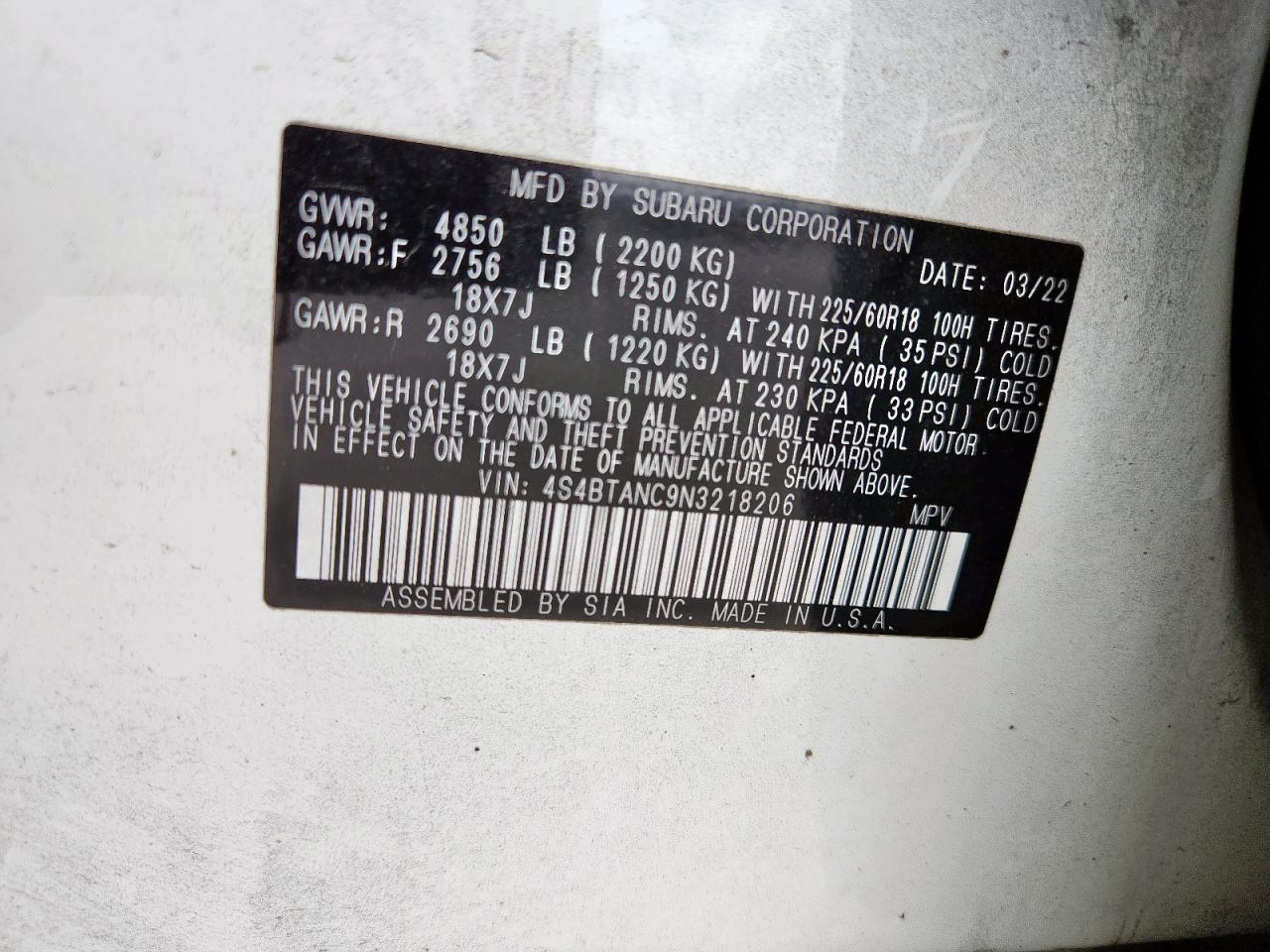 2022 Subaru Outback Limited VIN: 4S4BTANC9N3218206 Lot: 63148945