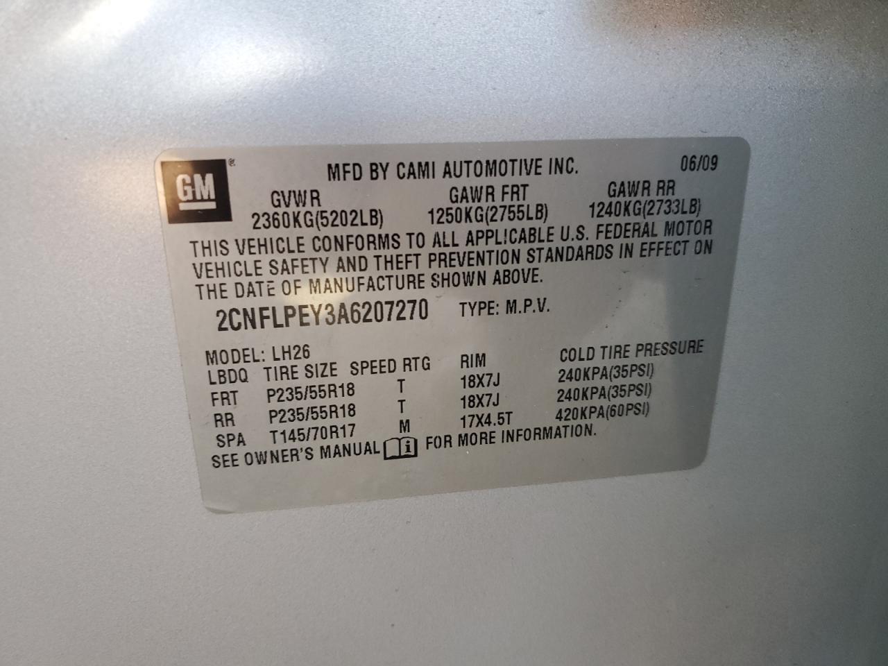 2010 Chevrolet Equinox Lt VIN: 2CNFLPEY3A6207270 Lot: 63115035