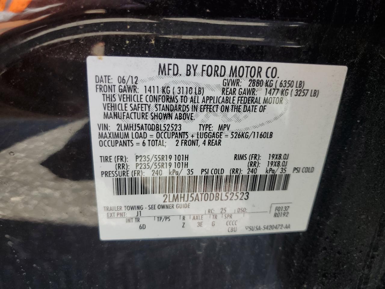 2013 Lincoln Mkt VIN: 2LMHJ5AT0DBL52523 Lot: 61900925