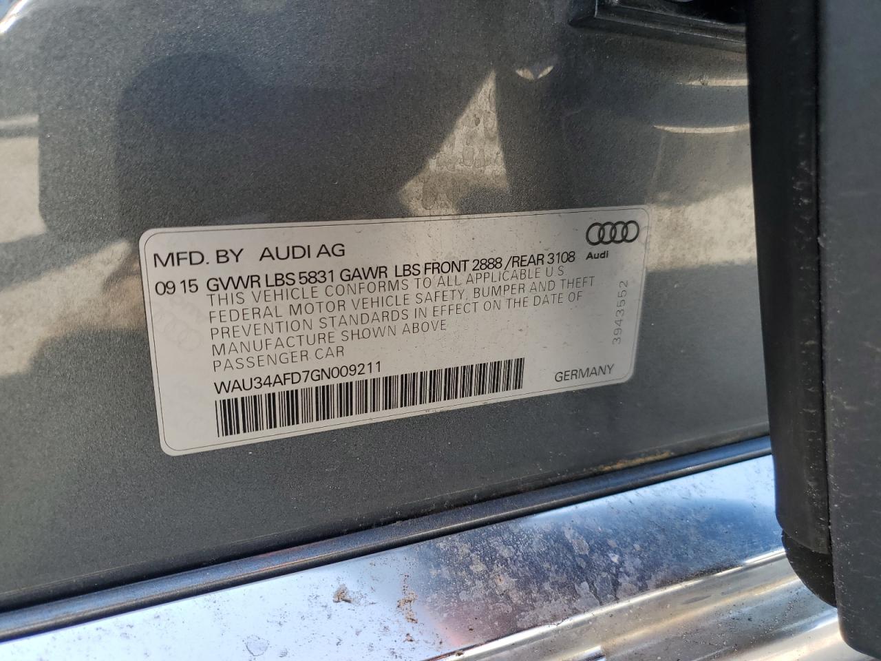 2016 Audi A8 L Quattro VIN: WAU34AFD7GN009211 Lot: 59945235