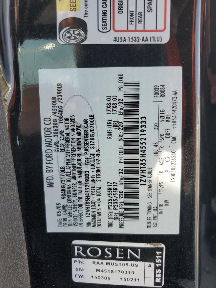 2005 Ford Mustang Gt VIN: 1ZVHT85H455219333 Lot: 60652925