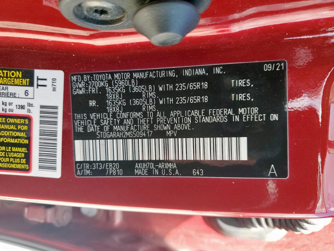 2021 Toyota Highlander Hybrid Xle VIN: 5TDGARAH2MS509417 Lot: 62025775