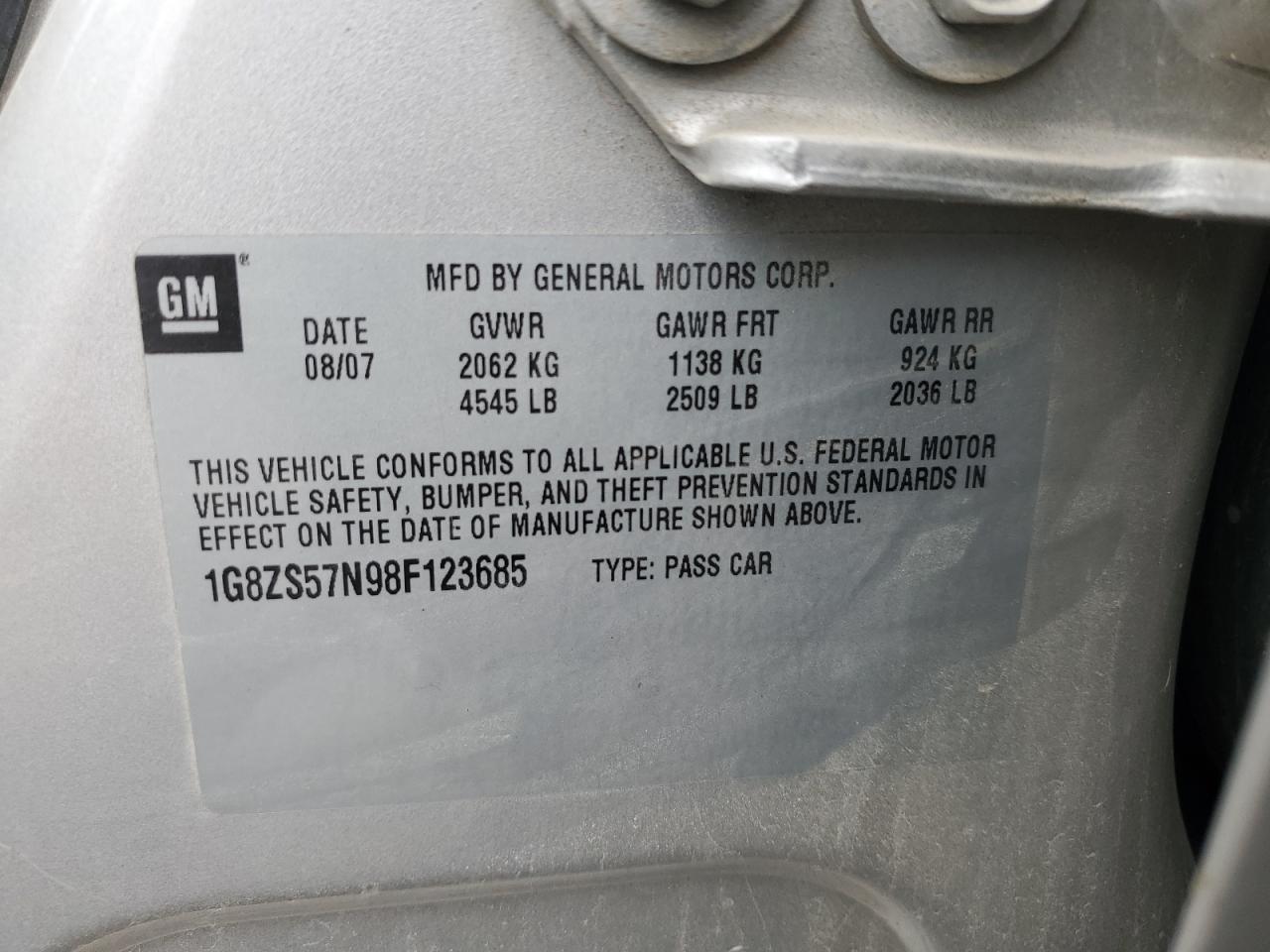 2008 Saturn Aura Xe VIN: 1G8ZS57N98F123685 Lot: 62005305