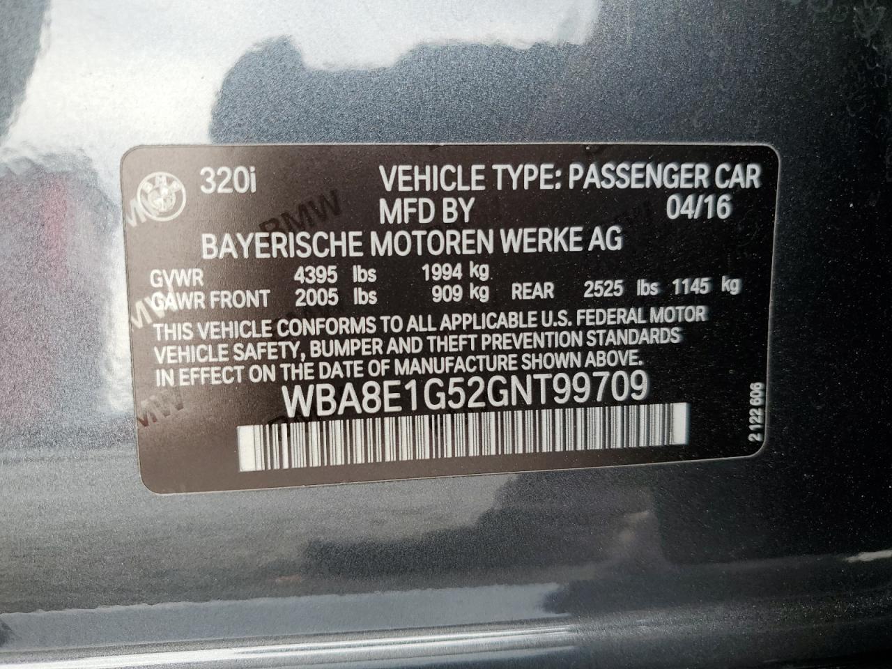 BMW 3 SERIES 2016 VIN WBA8E1G52GNT99709 фото 12