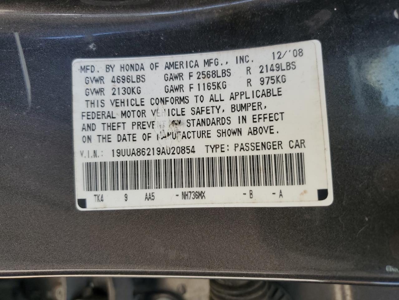 2009 Acura Tl VIN: 19UUA86219A020854 Lot: 60821395