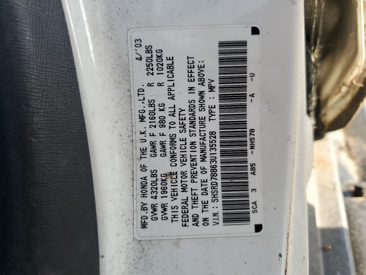 2003 Honda Cr-V Ex VIN: SHSRD78863U135528 Lot: 62213995