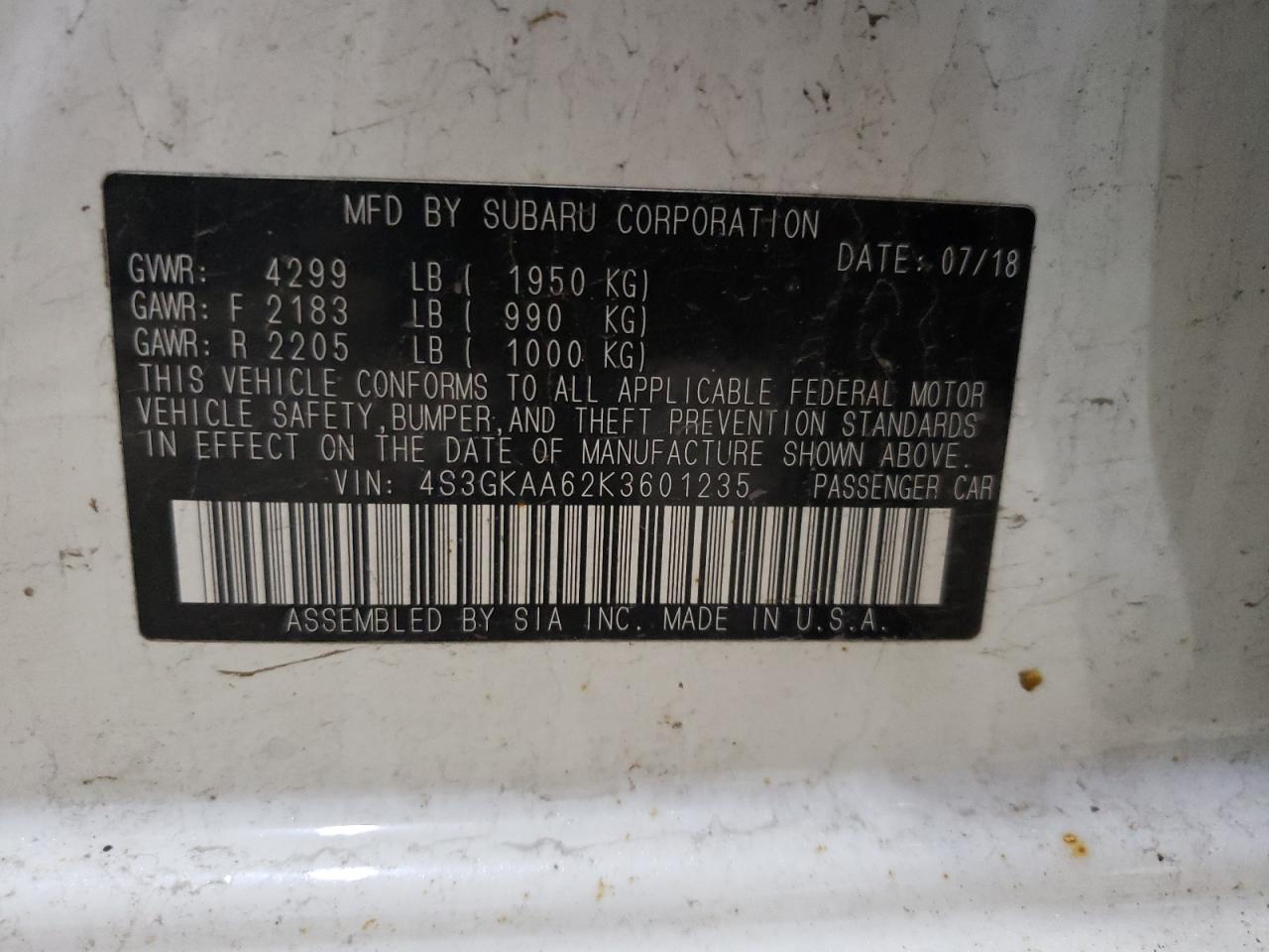 2019 Subaru Impreza VIN: 4S3GKAA62K3601235 Lot: 59529815