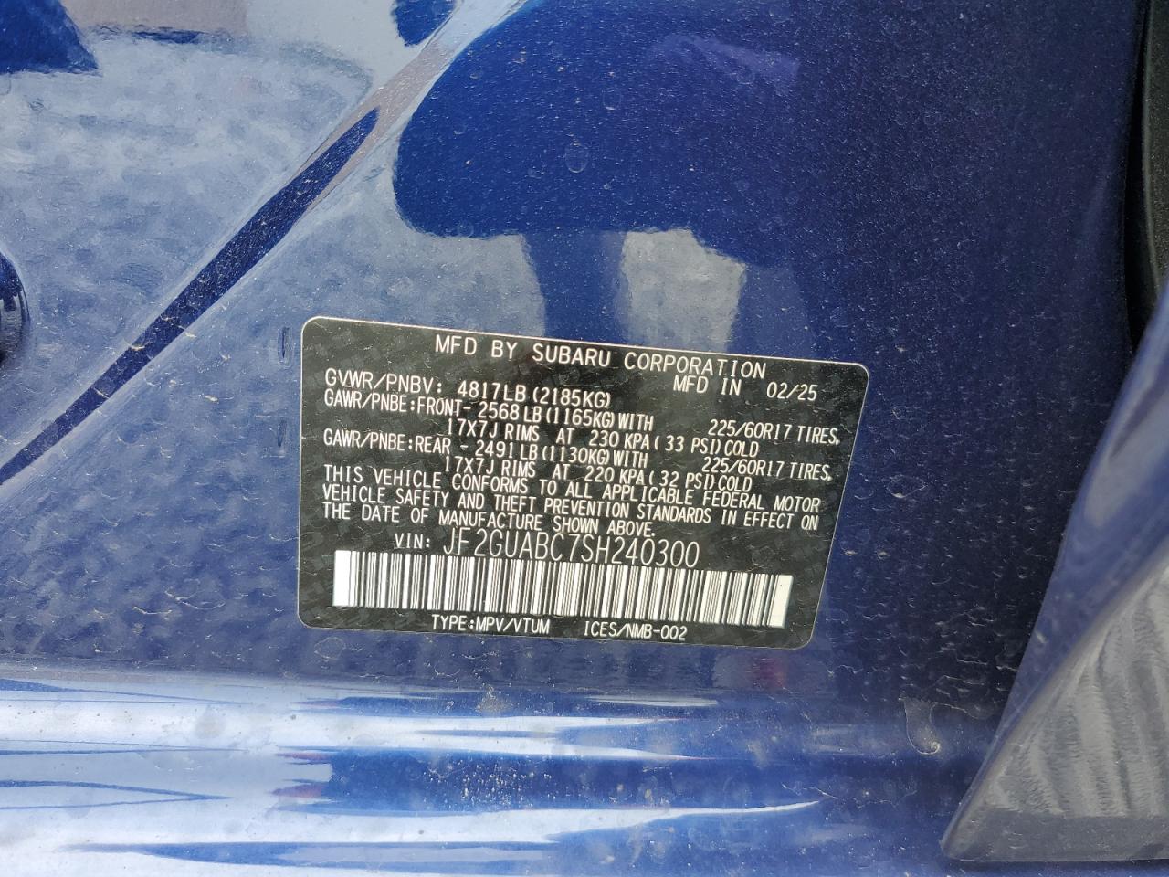 2025 Subaru Crosstrek VIN: JF2GUABC7SH240300 Lot: 61295455