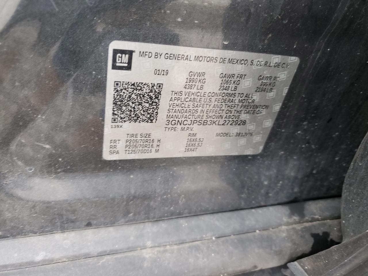 2019 Chevrolet Trax 1Lt VIN: 3GNCJPSB3KL272928 Lot: 59441745