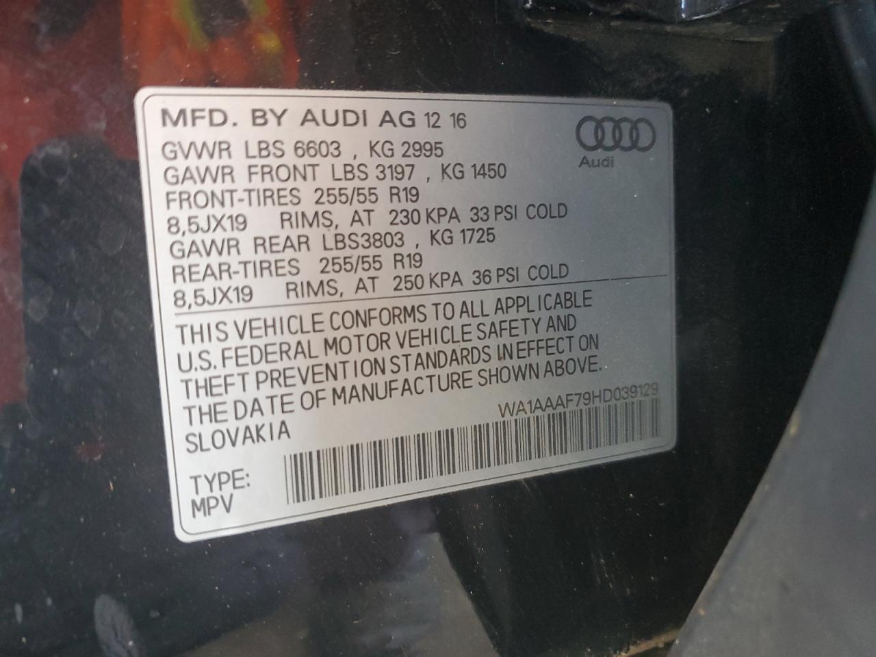 2017 Audi Q7 Premium VIN: WA1AAAF79HD039129 Lot: 61444655