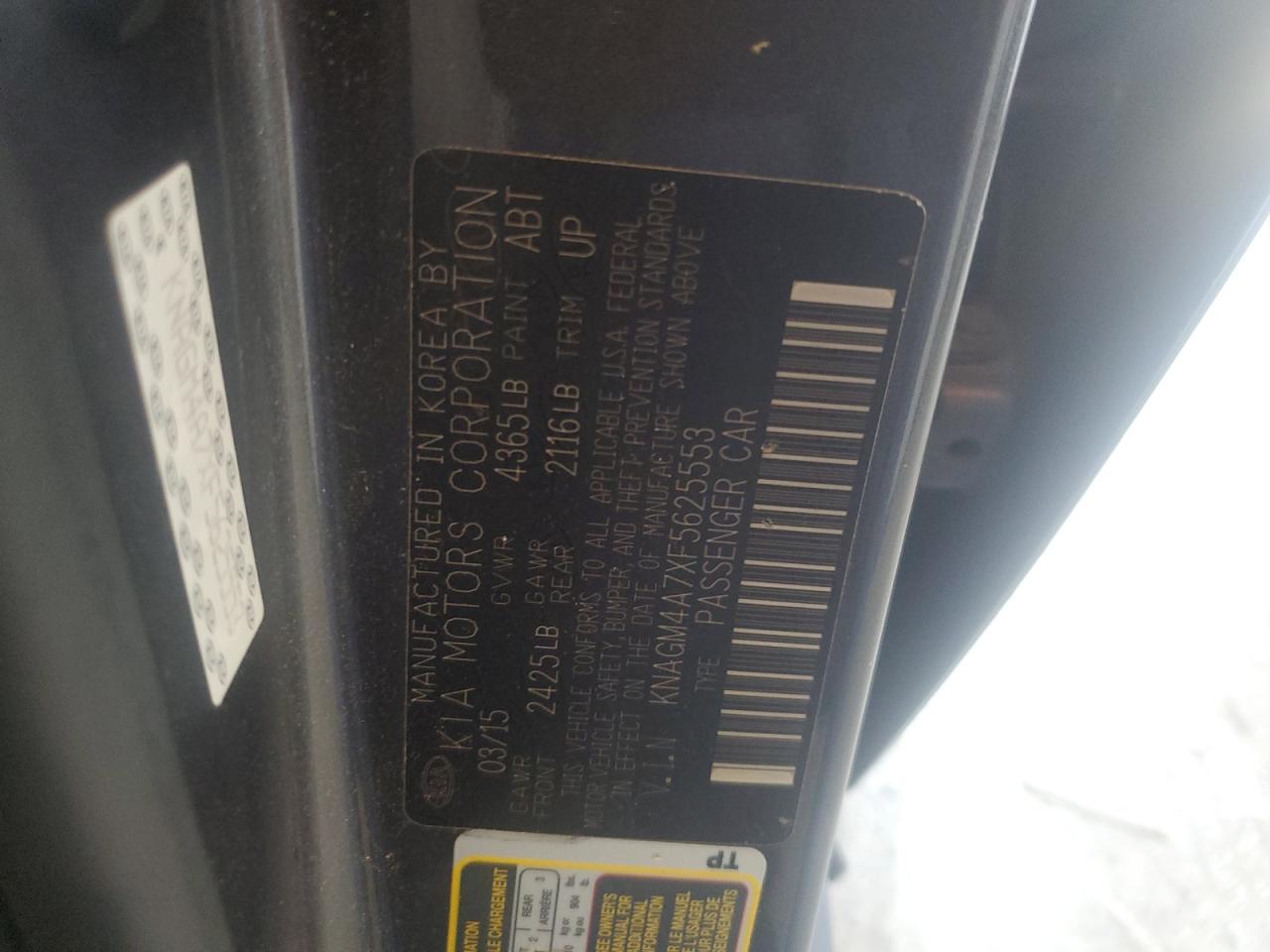 2015 Kia Optima Lx VIN: KNAGM4A7XF5625553 Lot: 62148365