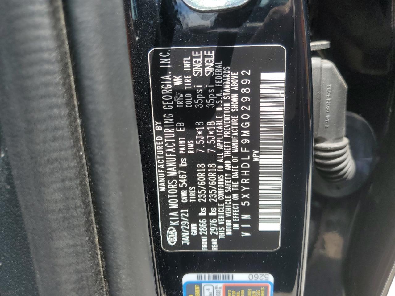 2021 Kia Sorento Ex VIN: 5XYRHDLF9MG029892 Lot: 62651835