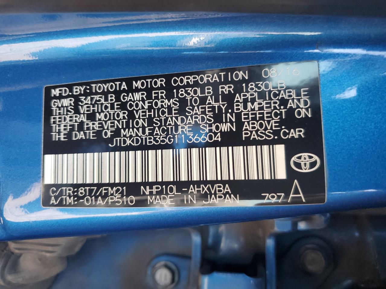 2016 Toyota Prius C VIN: JTDKDTB35G1136604 Lot: 61057065
