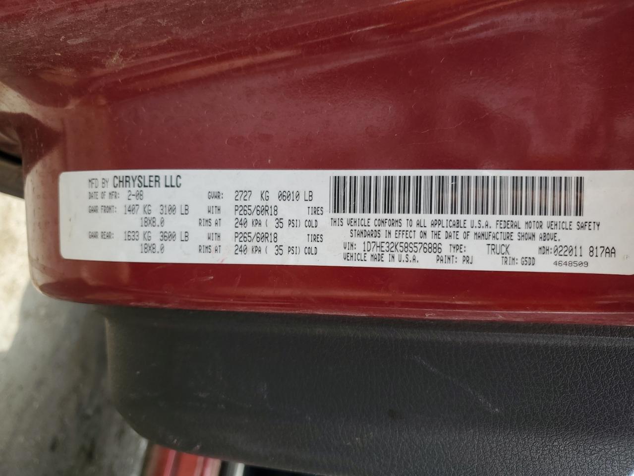 2008 Dodge Dakota Sxt VIN: 1D7HE32K58S576886 Lot: 61812785