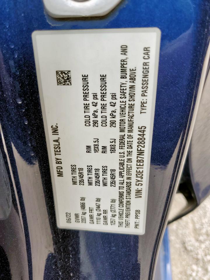 2022 Tesla Model 3 VIN: 5YJ3E1EB7NF288445 Lot: 59270645