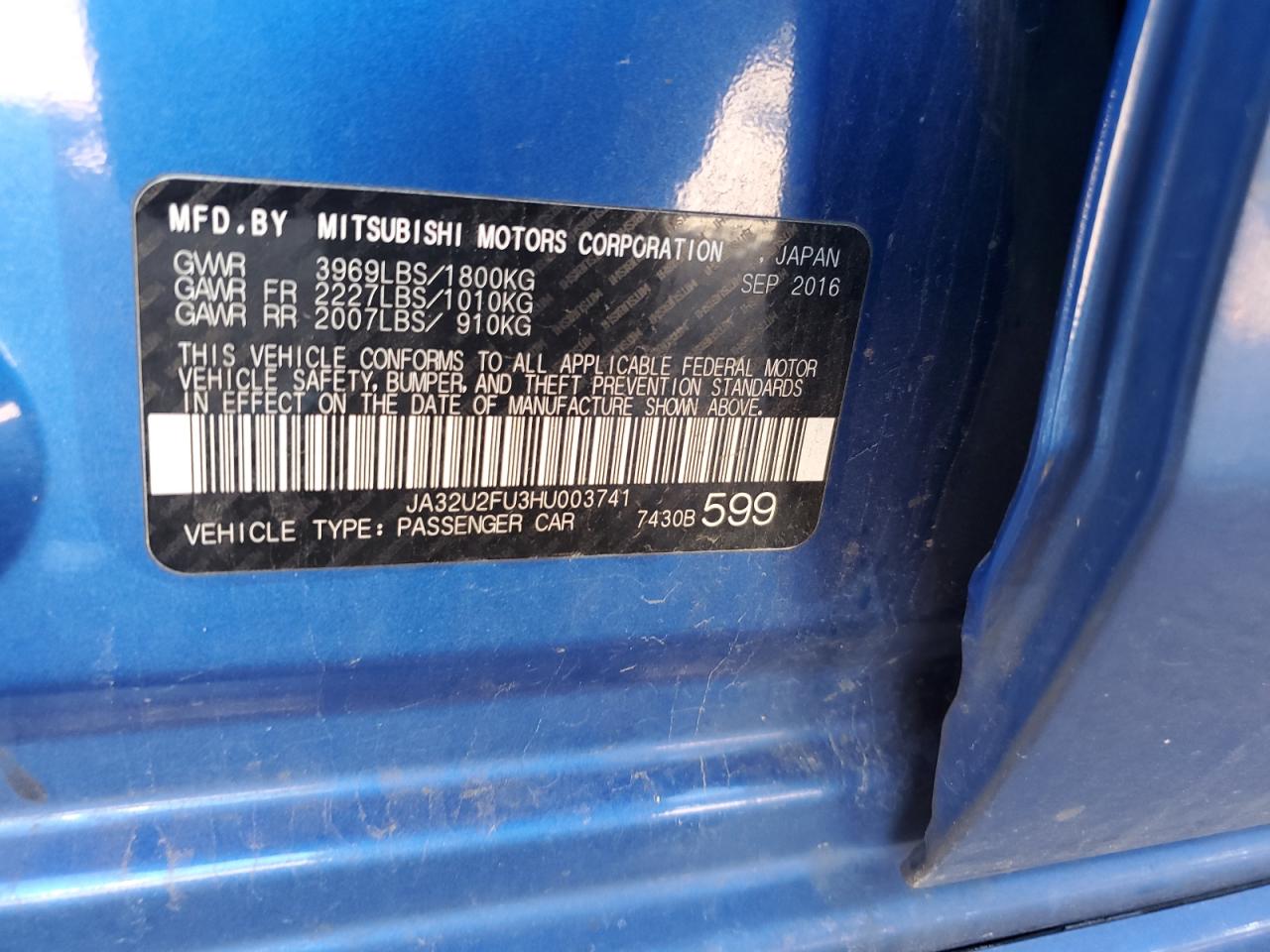 2017 Mitsubishi Lancer Es VIN: JA32U2FU3HU003741 Lot: 61869455