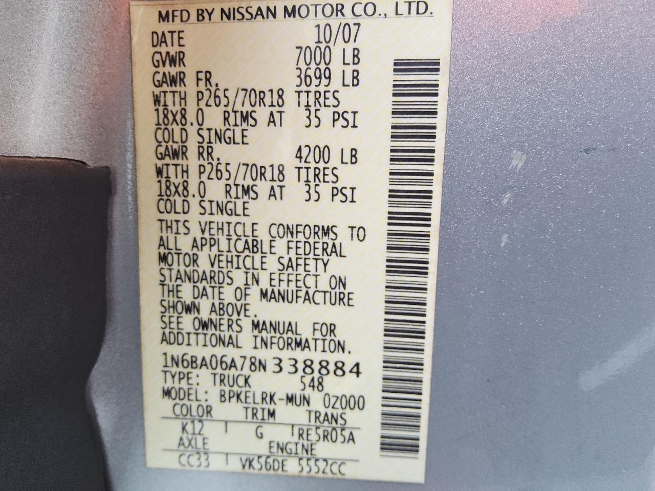 2008 Nissan Titan Xe VIN: 1N6BA06A78N338884 Lot: 59716885