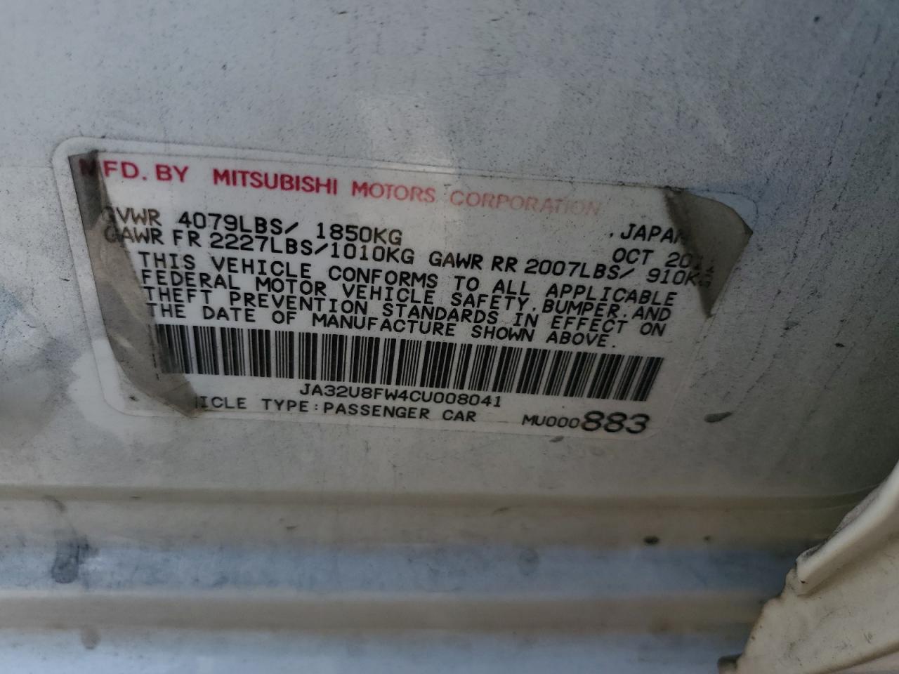 2012 Mitsubishi Lancer Gt VIN: JA32U8FW4CU008041 Lot: 62396865
