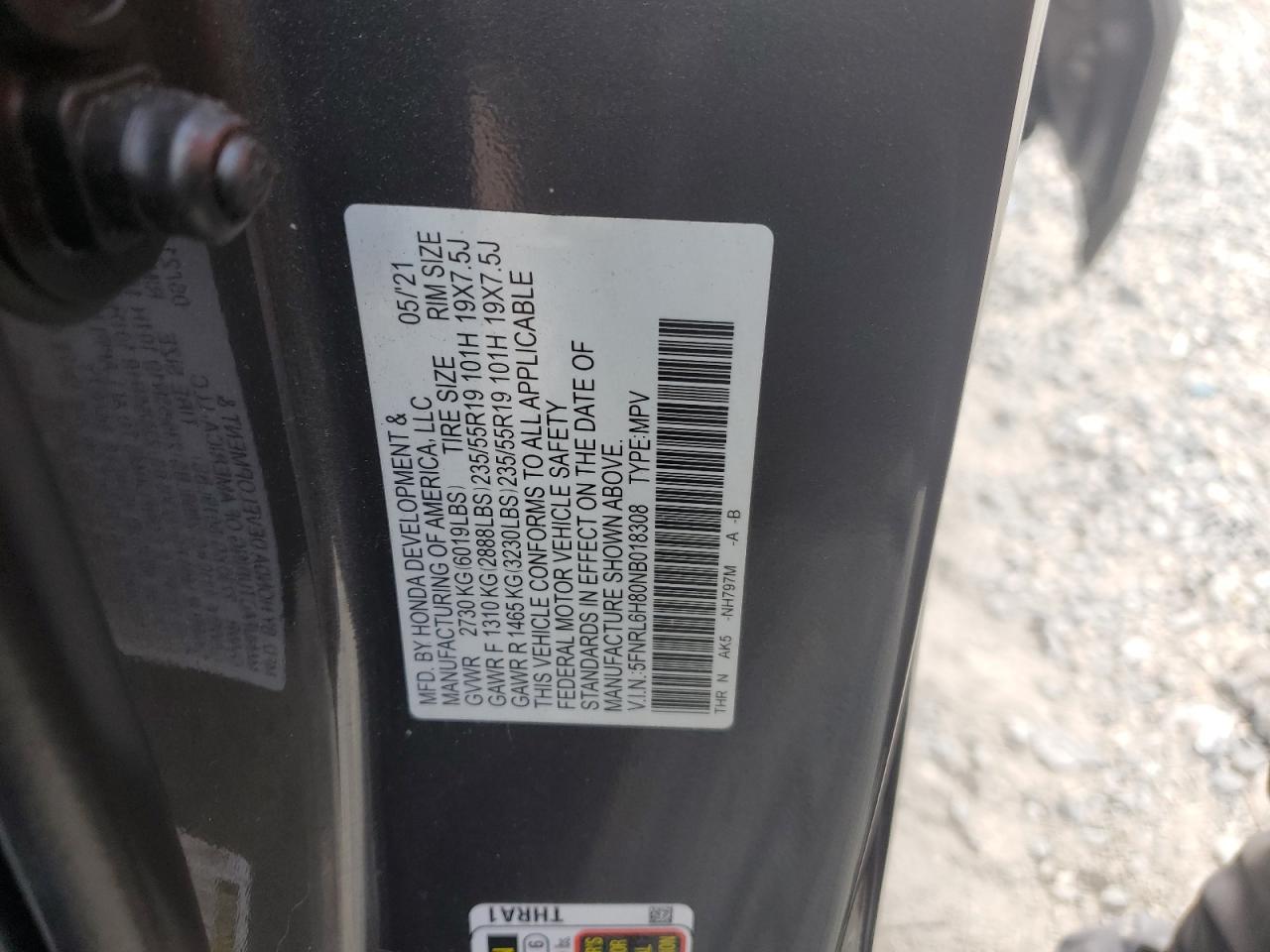 2022 Honda Odyssey Touring VIN: 5FNRL6H80NB018308 Lot: 62931325